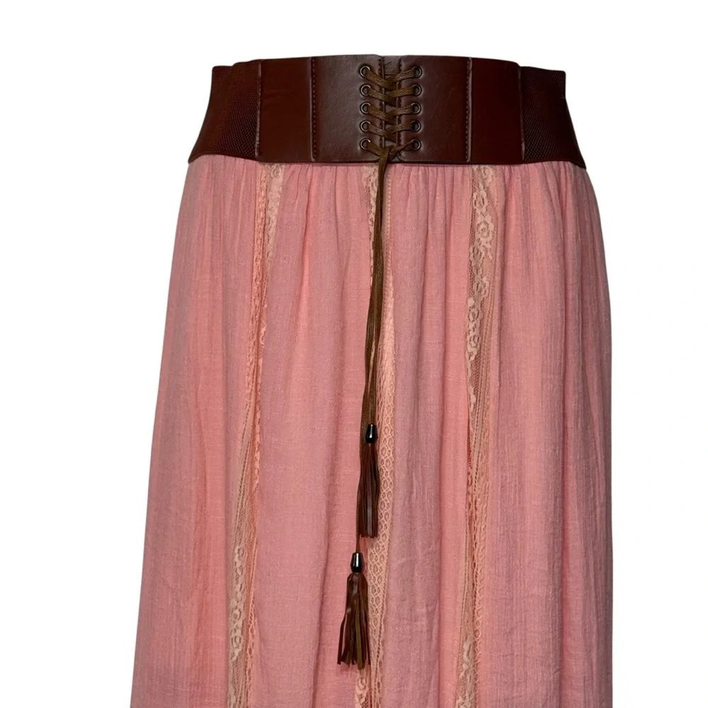 NWT Another Story Pink Lace Corset Tie Tasseled Boho Maxi Skirt Medium - Picture 4 of 7